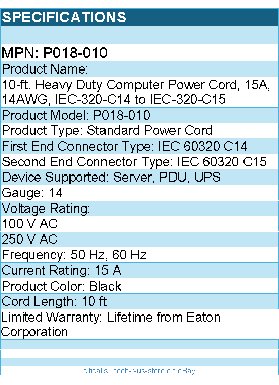 Eaton Tripp Lite Series P018-010 Power Cord C14 to C15 - Heavy-Duty, 15A, 250V