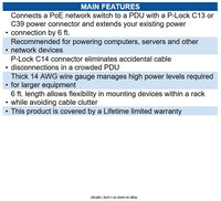 Eaton P018-E06 14AWG PDU Power Cord, C15 to C14 P-Lock, 15A, 250V, 6', Black