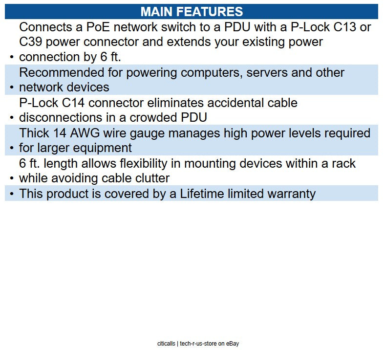 Eaton P018-E06 14AWG PDU Power Cord, C15 to C14 P-Lock, 15A, 250V, 6', Black