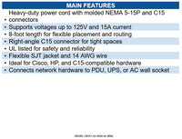 Eaton P019-008-C15RA 14AWG Power Cord, NEMA 5-15P to Right-Angle C15, 15A, 125V