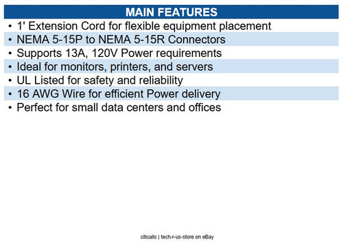 Eaton P022-001-13A Power Extension Cord, NEMA 5-15P to NEMA 5-15R - 13A, 120V
