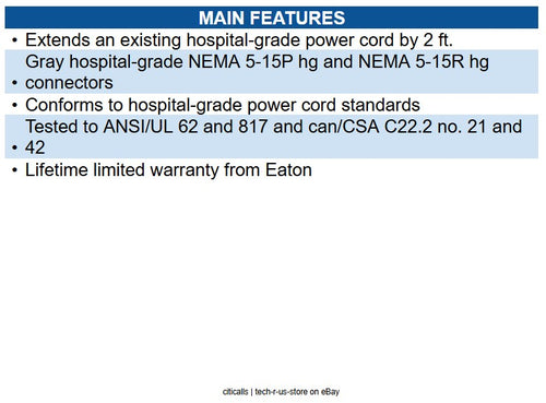 Eaton P022-002-GY-HG Hospital-Grade Extension Cord, NEMA 5-15P to NEMA 5-15R