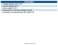 Eaton P040-014 Power Cord, C19 to NEMA L6-20 Heavy-Duty, 20A, 250V, 12 AWG 14 ft