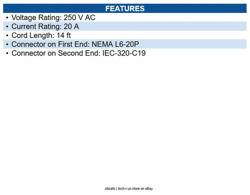 Eaton P040-014 Power Cord, C19 to NEMA L6-20 Heavy-Duty, 20A, 250V, 12 AWG 14 ft