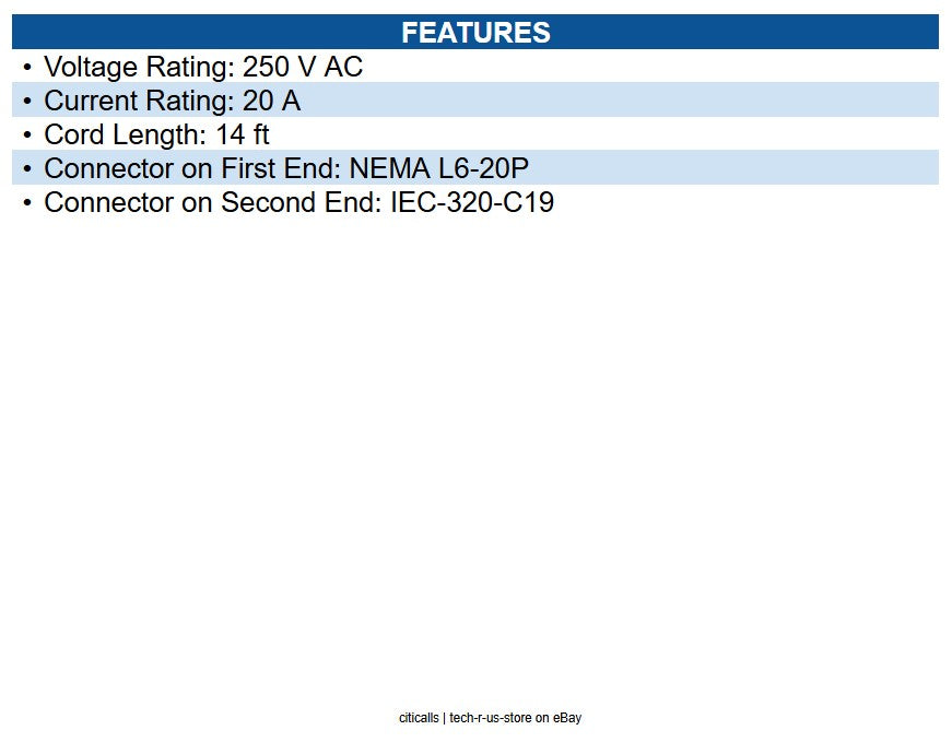 Eaton P040-014 Power Cord, C19 to NEMA L6-20 Heavy-Duty, 20A, 250V, 12 AWG 14 ft