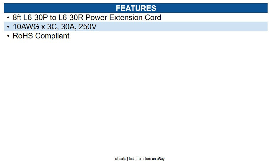Eaton P041-008 8ft Power Extension Cord NEMA L6-30P to NEMA L6-30R - Heavy-Duty