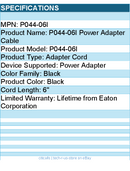 Eaton Tripp Lite Series P044-06I Power Cord Adapter - NEMA L5-20R to NEMA 5-20P