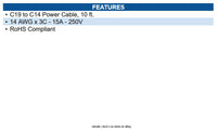 Eaton P047-010 Power Cord C19 to C14 - Heavy-Duty 15A 250V 14 AWG 10 ft.