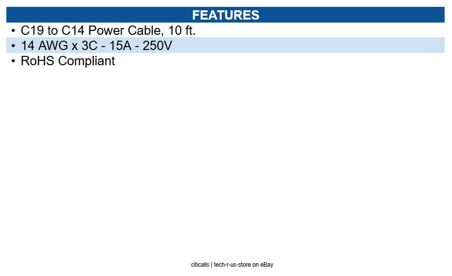 Eaton P047-010 Power Cord C19 to C14 - Heavy-Duty 15A 250V 14 AWG 10 ft.