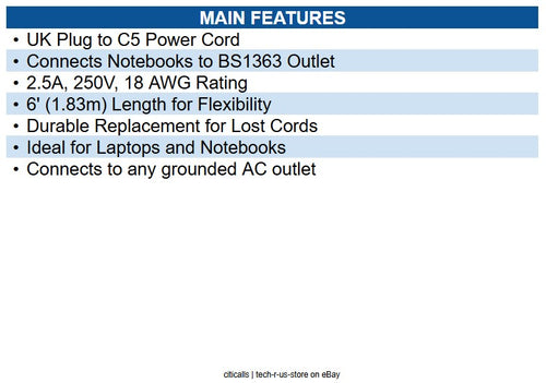 Eaton P060-006 6' Computer Power Cord, BS1363 to C5, 2.5A, 250V, 18 AWG, Black