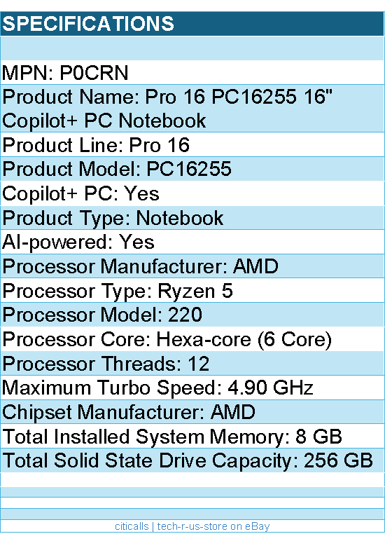 Dell P0CRN Pro 16 PC16255 16" Copilot+ PC Notebook - Full HD Plus