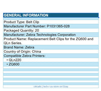Zebra P1031365-028 20/Pk Belt Clips for ZQ600 ZQ600+ QLn220 QLn320 QL420 Black