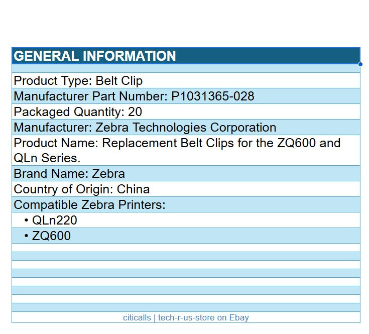 Zebra P1031365-028 20/Pk Belt Clips for ZQ600 ZQ600+ QLn220 QLn320 QL420 Black