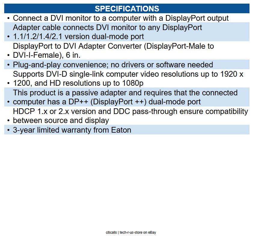 Eaton P134-000 DisplayPort to DVI-I Adapter Cable (M/F), 6 in. (15.2 cm)