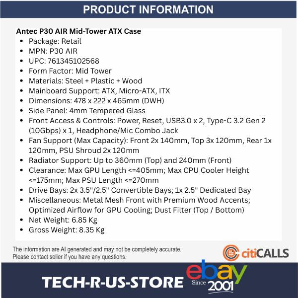 ANTEC P30 AIR Mid-Tower ATX Case 5x PWM Fans Wood Accent Optimized Desktop Case