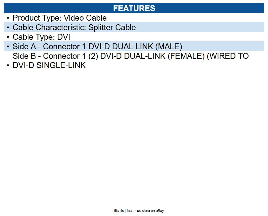 Eaton P564-001 DVI Y Splitter Cable, Digital Monitors (DVI-D M to 2x F), 1 ft.