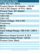 HPI PA-1121-66HA AC Adapter - 120 W - 19.5 V DC Output - 6.15 A - Black