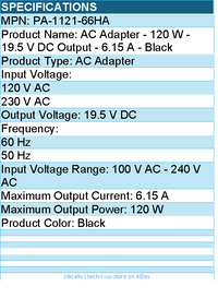 HPI PA-1121-66HA AC Adapter - 120 W - 19.5 V DC Output - 6.15 A - Black