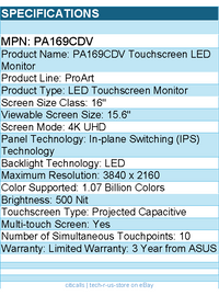 ASUS PA169CDV ProArt 16" Class LED Touchscreen Monitor - 16:9 - 10 ms