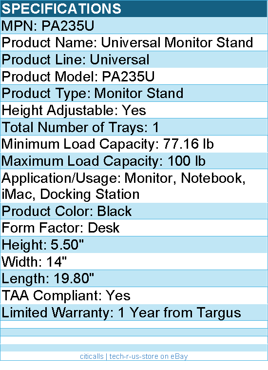 Targus PA235U Universal Monitor Stand - TAA Compliant - Up to 100lb - Black