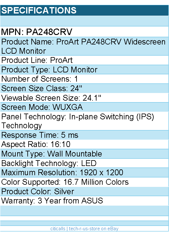 ASUS PA248CRV ProArt 24" Class WUXGA LCD Monitor - 16:10 - Silver