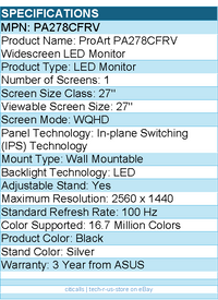 ASUS PA278CFRV ProArt 27" Class WQHD LED Monitor - 16:9 - Black