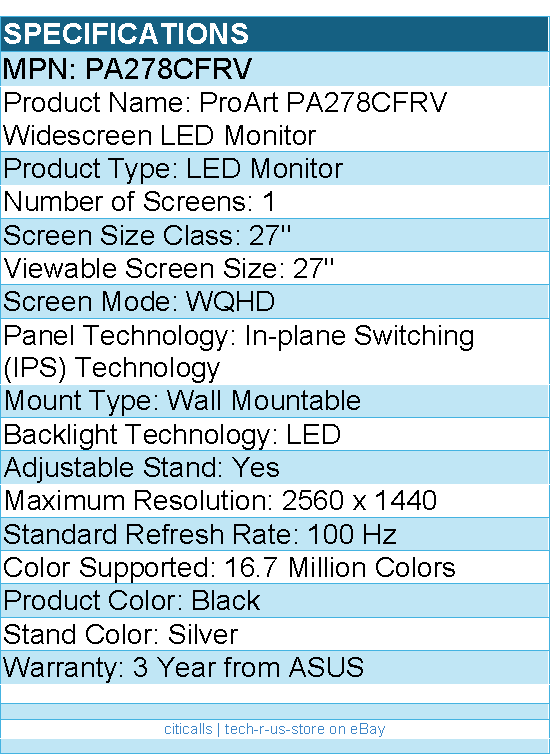 ASUS PA278CFRV ProArt 27" Class WQHD LED Monitor - 16:9 - Black