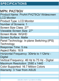 ASUS PA278QV ProArt 27" Class WQHD LCD Monitor - 16:9 - Black