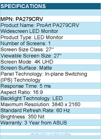 ASUS PA279CRV ProArt 27" Class 4K UHD LED Monitor - 16:9 - 3840 x 2160