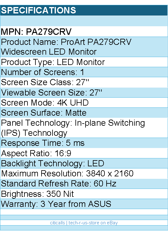 ASUS PA279CRV ProArt 27" Class 4K UHD LED Monitor - 16:9 - 3840 x 2160