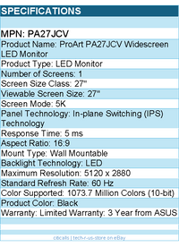 ASUS PA27JCV ProArt 27" Class 5K LED Monitor - 16:9 - 5120 x 2880 - Black