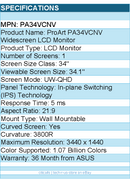 ASUS PA34VCNV ProArt 34" Class UW-QHD Curved Screen LCD Monitor - 3440 x 1440