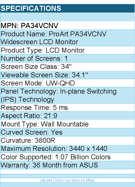 ASUS PA34VCNV ProArt 34" Class UW-QHD Curved Screen LCD Monitor - 3440 x 1440