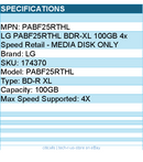 LG PABF25RTHL BDR-XL 100GB 4x Speed Retail - MEDIA DISK ONLY