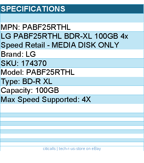 LG PABF25RTHL BDR-XL 100GB 4x Speed Retail - MEDIA DISK ONLY