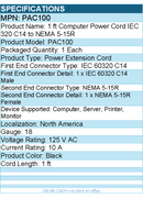 StarTech PAC100 1ft Power Extension Cord, IEC C14 to NEMA 5-15R, 10A 125V