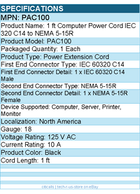 StarTech PAC100 1ft Power Extension Cord, IEC C14 to NEMA 5-15R, 10A 125V