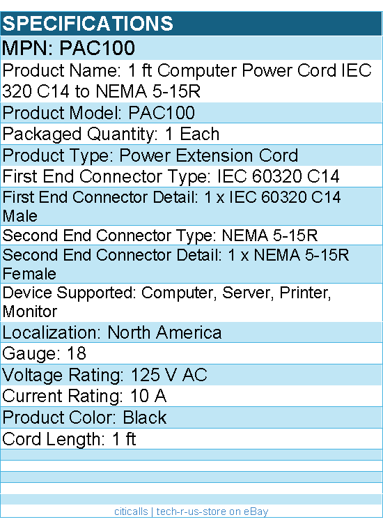 StarTech PAC100 1ft Power Extension Cord, IEC C14 to NEMA 5-15R, 10A 125V