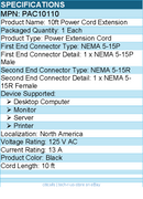 StarTech PAC10110 10ft (3m) Power Extension Cord, NEMA5-15R to NEMA5-15P Black