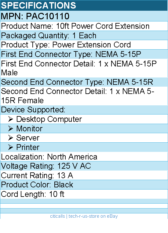 StarTech PAC10110 10ft (3m) Power Extension Cord, NEMA5-15R to NEMA5-15P Black