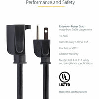 StarTech PAC10110 10ft (3m) Power Extension Cord, NEMA5-15R to NEMA5-15P Black