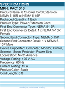 StarTech PAC1016 Power Extension Cable - 125V AC - 15A - 6ft - Black