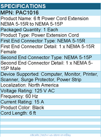 StarTech PAC1016 Power Extension Cable - 125V AC - 15A - 6ft - Black