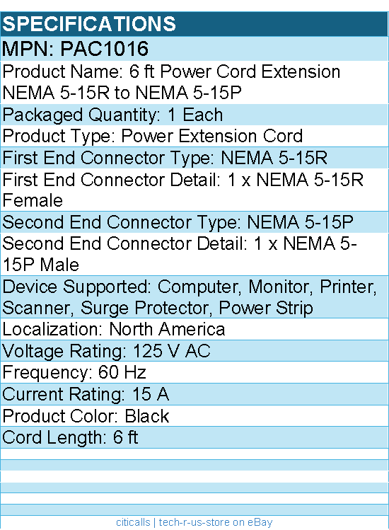 StarTech PAC1016 Power Extension Cable - 125V AC - 15A - 6ft - Black