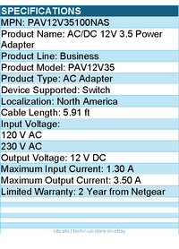 Netgear PAV12V35-100NAS AC/DC 12V 3.5 Power Adapter