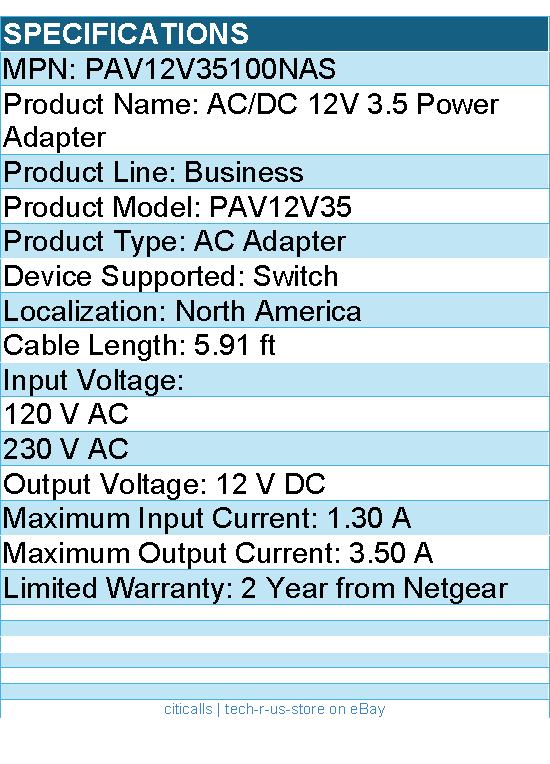 Netgear PAV12V35-100NAS AC/DC 12V 3.5 Power Adapter