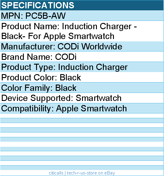 Codi PC5B-AW Induction Charger - Black- For Apple Smartwatch