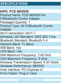 ASUS PCE-BE6500 IEEE 802.11be Bluetooth Tri Band Wi-Fi/Bluetooth Combo Adapter