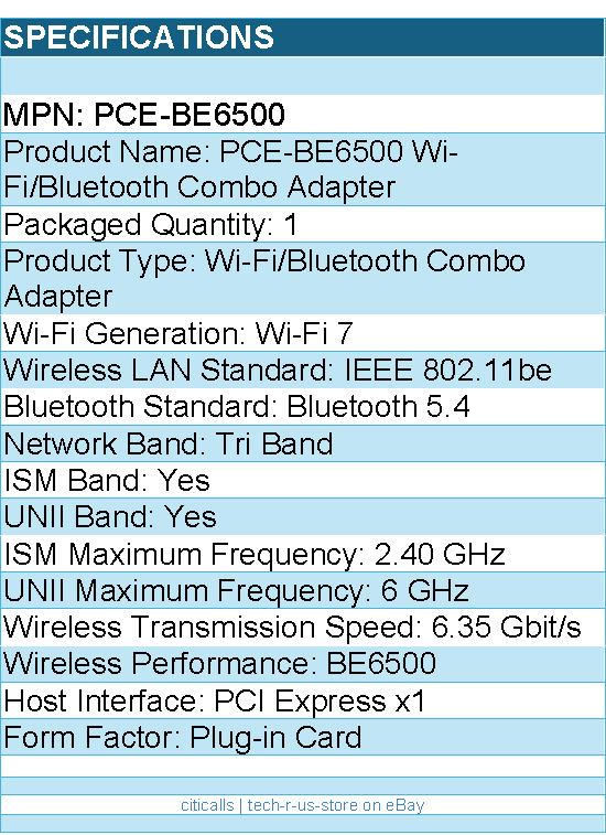 ASUS PCE-BE6500 IEEE 802.11be Bluetooth Tri Band Wi-Fi/Bluetooth Combo Adapter