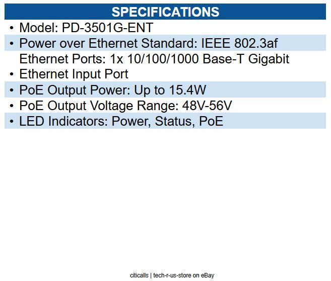 Extreme Networks PD-3501G-ENT Single Port 1 Gigabit 802.3AFPoE Midspan Device